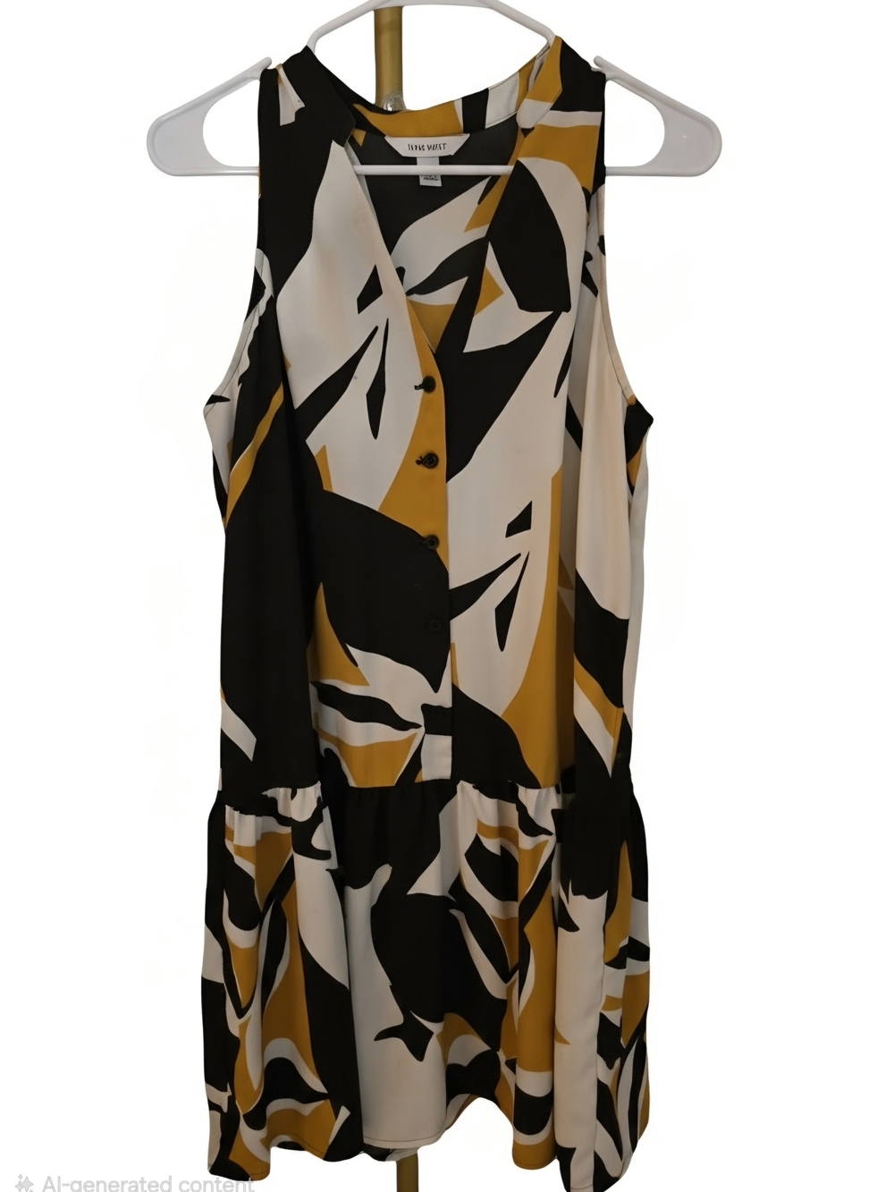 Nine West Sleeveless Abstract-Print Drop-Waist Dress in Black/White/Mustard